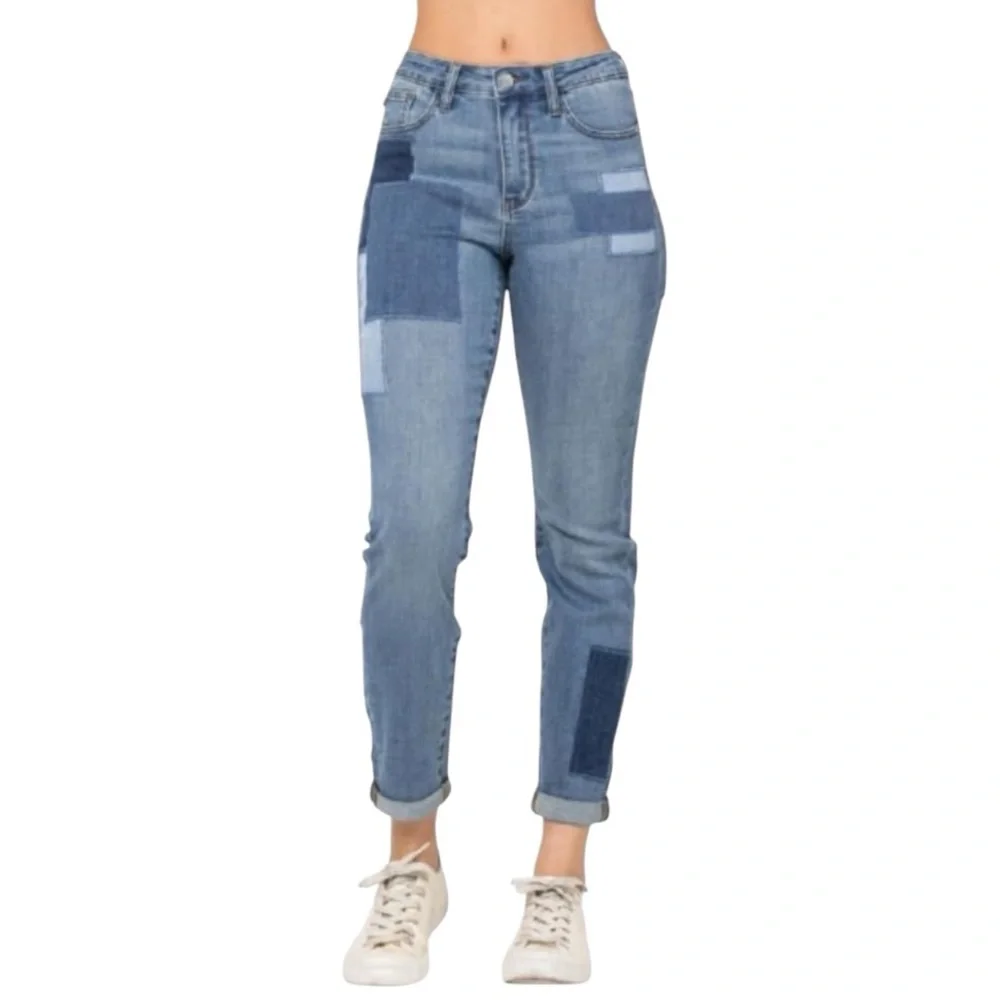 JUDY BLUE HIGH WAIST STRETCH PATCHWORK BOYFRIEND SKINNY JEANS STYLE #JB88499